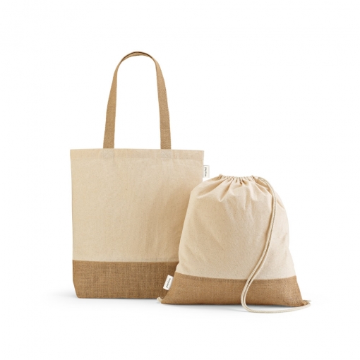 Sacola tipo mochila em 70% algodão reciclado e 30% poliéster reciclado (180 g/m²) com base em juta-mb92344