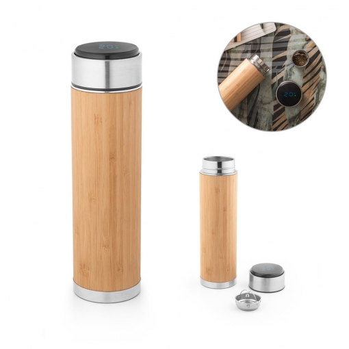 Squeeze térmico em aço inox e bambu com termómetro digital 430 mL-mb94296