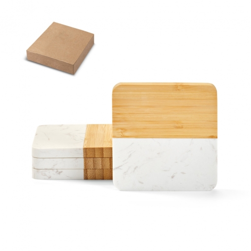 Conjunto de 4 porta copos em mármore e bambu-mb94338