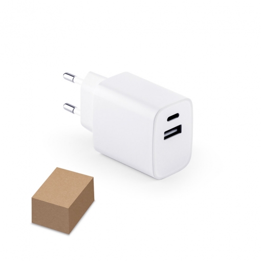 Adaptador de corrente com porta USB-A 18W e USB-C 20W em ABS 100% reciclado-mb97186